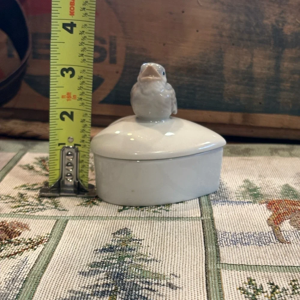 Vintage Otagiri Japan Porcelain Heart Trinket Box Sm Gray/Blue Bird/on Lid Japan